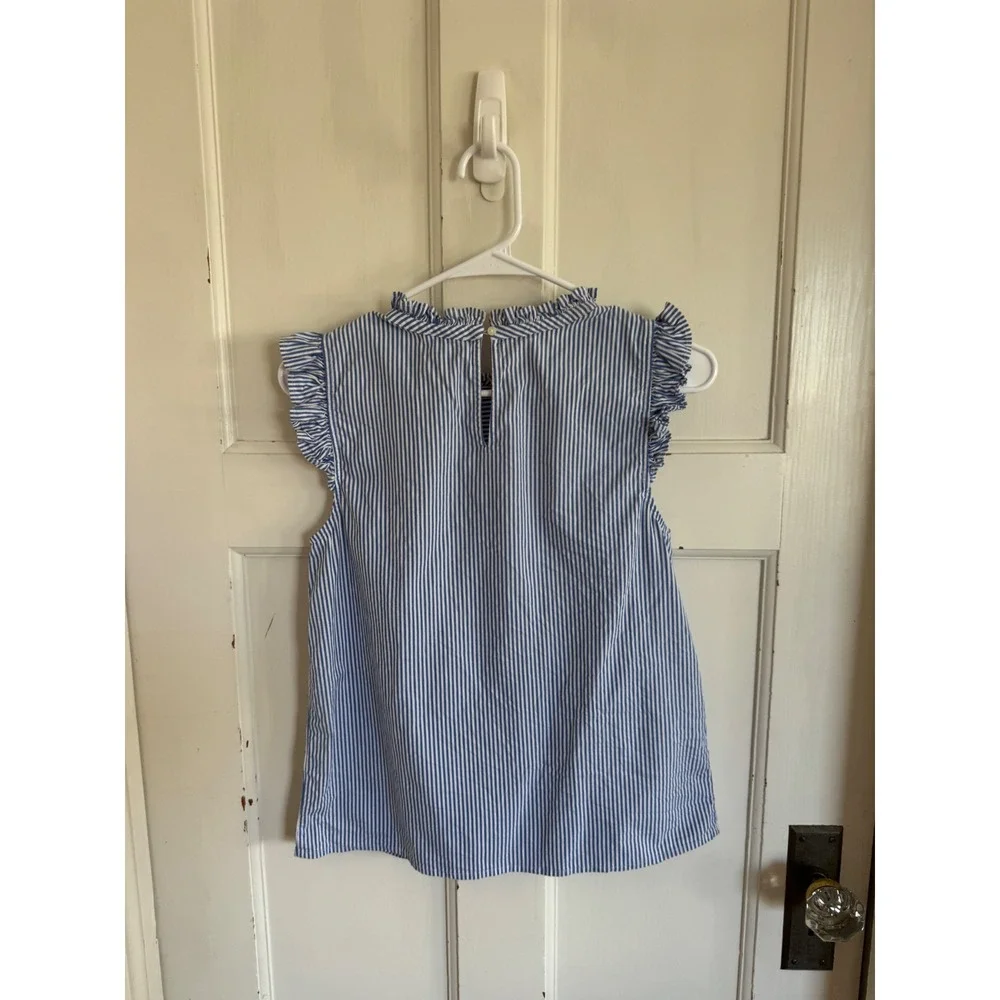 J.Crew Blue Striped Ruffleneck shirred top in cotton poplin size 2 - Picture 4 of 7